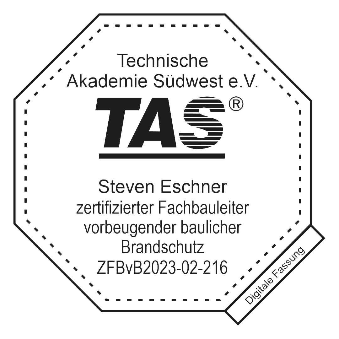TAS-Siegel: Steven Eschner – zertifizierter Fachbauleiter vorbeugender baulicher Brandschutz (ZFBvB2023-02-216)
