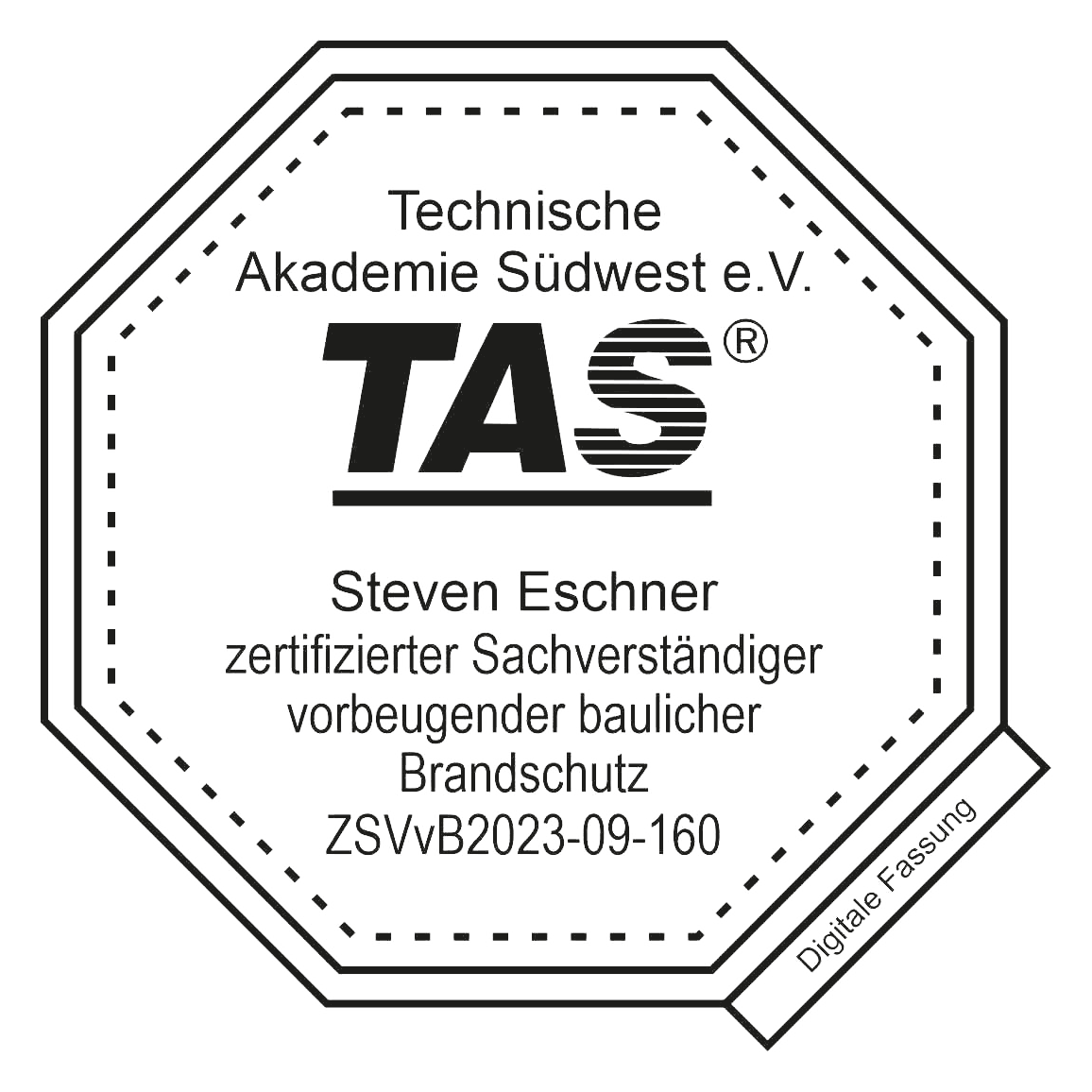 TAS-Siegel: Steven Eschner – zertifizierter Sachverständiger vorbeugender baulicher Brandschutz (ZSVvB2023-09-160)